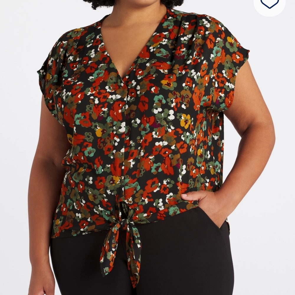 Beacon Red And Black Poppy Tie-Front Cap Sleeve Blouse